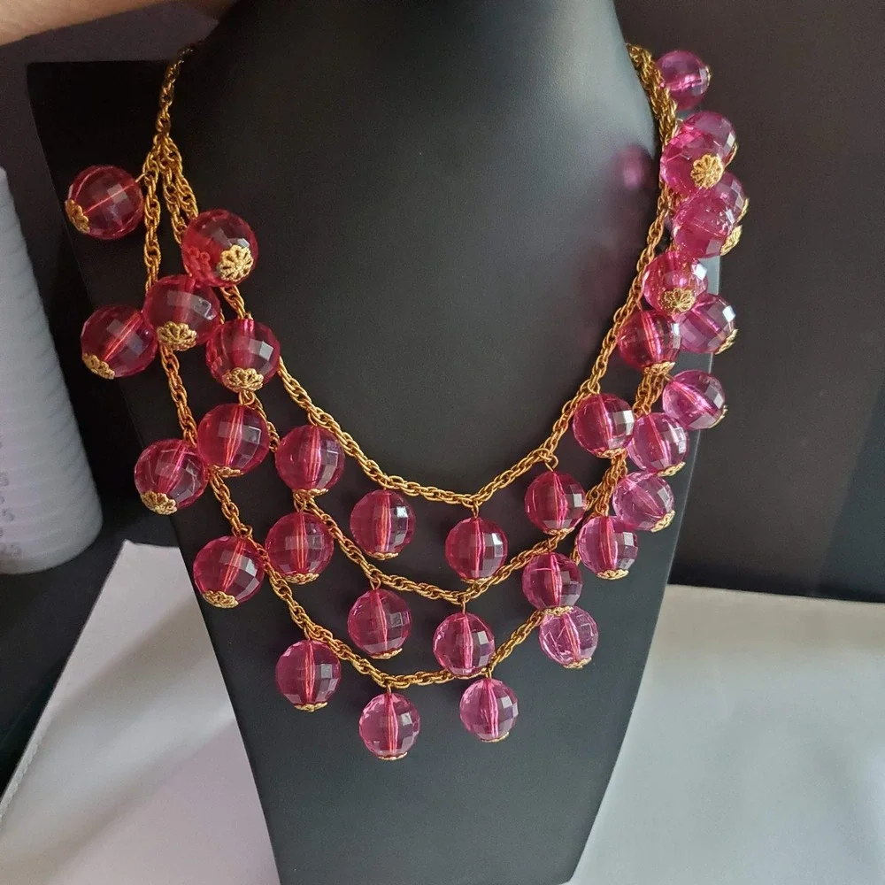 Kate Spade New York Pink Faceted Bead Triple Strand Statement Necklace Gold Tone